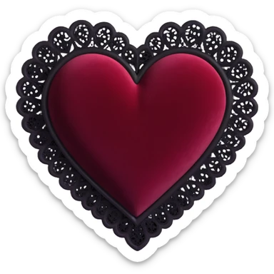 3D emoji style heart, dark crimson velvet texture, black lace trim, gothic and romantic sticker