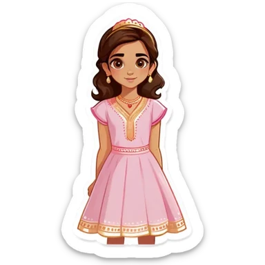 An Indian girl in a cute light pink dress with a medium length brown hair with brown golden eyes with a bit of coquette  sticker