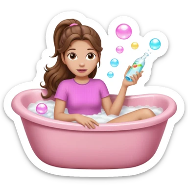 girl with wavy long ponytail brown hair, brown eyes, light to medium complexion, long lashes, light pink lipstick, wearing light pink shirt, lying full body in a freestanding bathtub with bubbles sticker