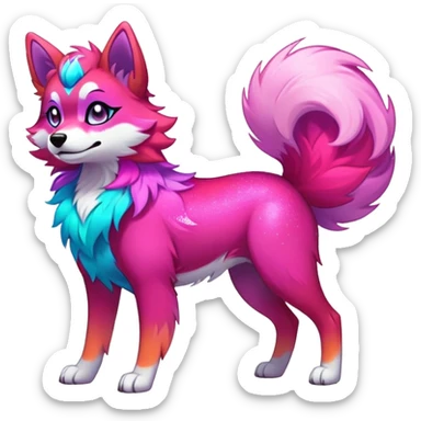 Vibrant multicolored neon-colored Falvie-Fionbri-creature-sparkle-dog-fursona, full body sticker