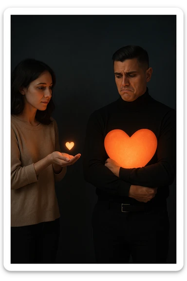 an Italian man in his 30s with olive skin and dark hair stands apart from a woman who offre un piccolo cuore luminoso tra le mani. Lui guarda il cuore con un’espressione triste e insoddisfatta, tenendo tra le braccia un cuore molto più grande e brillante, mentre la distanza tra loro è accentuata da luci soffuse e ombre. sticker
