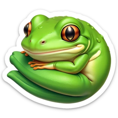 Meme-Worthy Cute Sleeping Green Tree Frog Portrait Emoji, Head resting peacefully with a contented smile, showcasing a compact, vividly green body with softly closed, serene eyes, Simplified yet adorably endearing features, highly detailed, glowing with a soft, drowsy jungle light, high shine, relaxed and utterly lovable, stylized with an air of playful laziness, soft glowing outline, capturing the essence of a sleeping green tree frog that feels destined to become the next viral icon of adorable rest! sticker