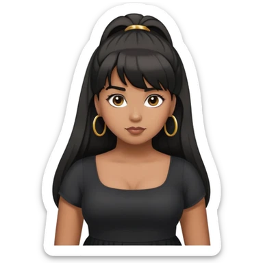 Latina girl with bangs black long hair in pony tail plus size black dress rolling eyes sticker