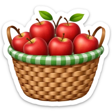 woven basket with apples and white checkered cloth, green sticker