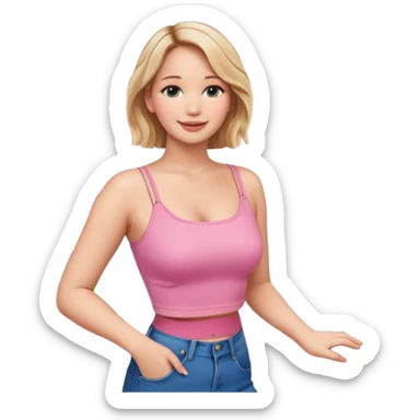 jennifer lawrence, pink crop top, and blue jeans, leaning on a balcony with a harbor and cityscape in the background, smiling sticker