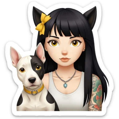 girl with long black  straight bangs hair and tatoo a Springer dog  and yellow bull terrier sticker