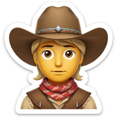 Clash of Clans aesthetic friendly Cowboy Portrait Emoji, With a rugged yet stylized build wearing a classic wide-brimmed hat and bandana, his face rendered in a natural skin tone (not yellow), determined eyes and a steely gaze, Simplified yet dynamic features, highly detailed, glowing with a warm, sunlit frontier radiance, high shine, brave and spirited, stylized with an air of Wild West heroism, focused and ready, soft glowing outline, capturing the essence of a fearless cowboy adventurer ready to ride into epic quests! sticker