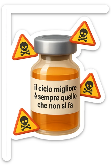 SU QUESTO STILE FAI UN EMOJI STILE IPHONE 3D DI UNa boccetta di fiala medica attorno alla quale fluttuano segnali di pericolo, sull'etichetta della boccetta c'è scritto "il ciclo migliore è sempre quello che non si fa", FALLO MOLTO REALISTICO IN 3D sticker