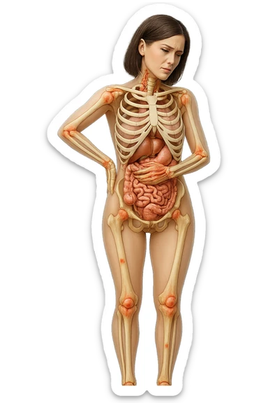 donna realistica a figura intera con red spot sparsi alle ossa, ossa del corpo visibili sul corpo, non sul volto iperrealistico 4k sticker