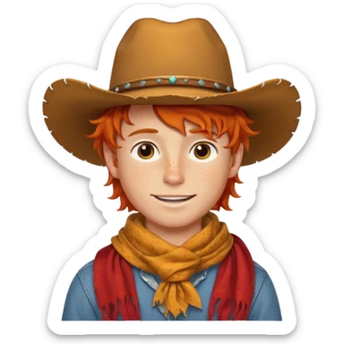 a wavy orange hair boy wearing a cowboy hat with a mischievous grin and freckles with western red scarf on his neck sticker
