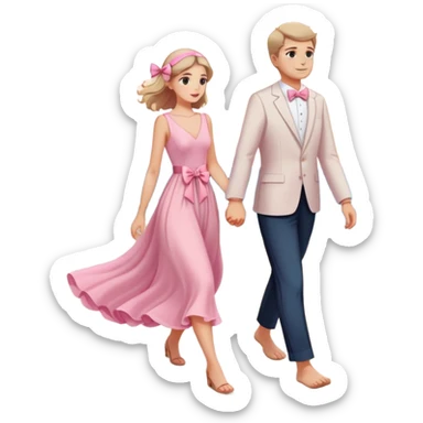 Elegant girl with a beautiful flowy dress delicate pink bow and man walking on the beach together in Montenegro sunset holding hands  sticker