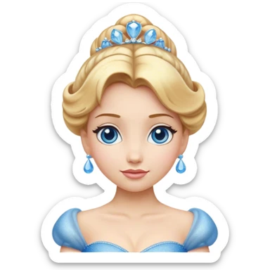  "Cinematic Adorable Elegant Cinderella Portrait Emoji, Head tilted gracefully with sparkling blue eyes, delicate fair skin, and elegantly styled golden-blonde hair in a soft updo, wearing her signature shimmering blue ball gown (chest and above). Simplified yet regal features, highly detailed, glowing with a soft, enchanting radiance, high shine, serene and graceful, stylized with a touch of fairy-tale elegance, bright and endearing, soft glowing outline, capturing the essence of a timeless princess, so magical it feels like she could waltz into a dream!" sticker