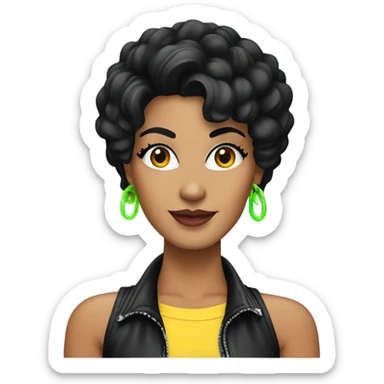 Tanned woman with black hair dressed in 1980s rock hair, makeup, and neon attire  sticker