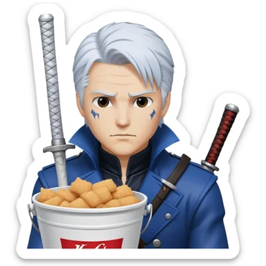 Vergil from Devil May Cry sitting in a KFC bucket, blue coat, white hair, katana sticker