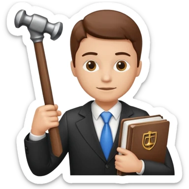 Create an emoji symbolizing the legal support of the business and financial assistance from accountants. The image should combine the image of a lawyer with a hammer of justice and an accounting book next to the logo of a reliable company protecting the interests of business. sticker