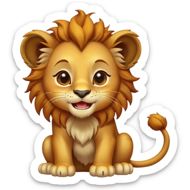 Cinematic Comical Lion Cub Portrait Emoji, Head tilted dramatically with an exaggeratedly amused expression, featuring a striking tawny Fur with a flamboyant mane and wide, expressive amber eyes filled with playful disbelief, Simplified yet hilariously expressive features, highly detailed, glowing with a slightly sassy glow, high shine, dramatic yet playful, stylized with an air of cheeky jungle mischief, bright and endearing, soft glowing outline, capturing the essence of a spirited and over-the-top Lion Cub, so meme-worthy it feels like it could roar its way into internet fame instantly! sticker