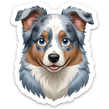 Cinematic Noble Tan Point Blue Merle Australian Shepherd Portrait Emoji, Poised and regal, with a strong, agile build and a striking coat featuring a blue merle base with bold tan points and crisp white accents, piercing blue eyes, Simplified yet sharp and sophisticated features, highly detailed, glowing with a soft, dignified glow, high shine, intelligent and loyal, stylized with an air of strength, focused and attentive, soft glowing outline, capturing the essence of a watchful and confident herder, so majestic it feels as though it could step out of the screen with effortless authority! sticker