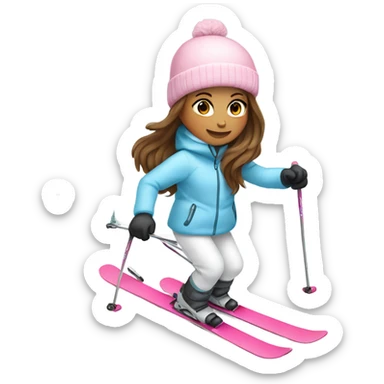 Girl with long brown hair skiing on pink skis. Wearing a light blue coat. And a pair of white snow pants.  sticker