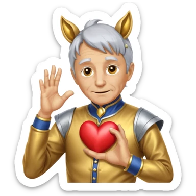 An elderly man with golden skin, his body shining like polished metal, wearing a horse cosplay costume with horse ears and a tail. He is making a heart shape with his hands and blushing slightly, showing a shy and embarrassed expression. sticker