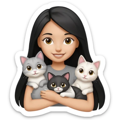 a pretty tan bratz girl with black long straight hair, wearing a grey tshirt smiling and holding 3 white cat\ sticker