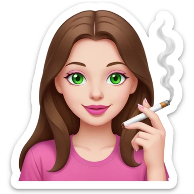 mid sized white skinned girl with green eyes and long brown hair smoking a white joint smiling in a pink t-shirt with pink lips sticker