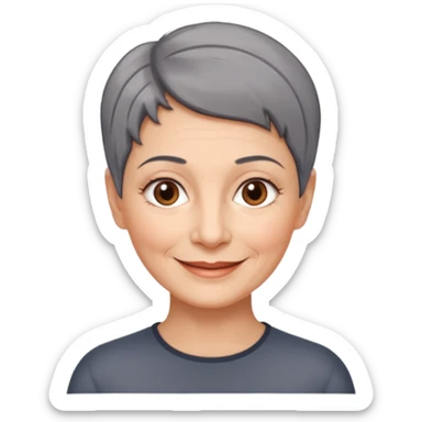 woman 60 years old, shaved short uncombed dark grey hair, brown eyes smile sticker