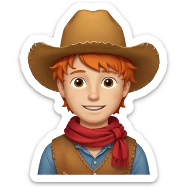 a wavy orange hair boy wearing a cowboy hat with a mischievous grin and freckles with western red scarf on his neck sticker