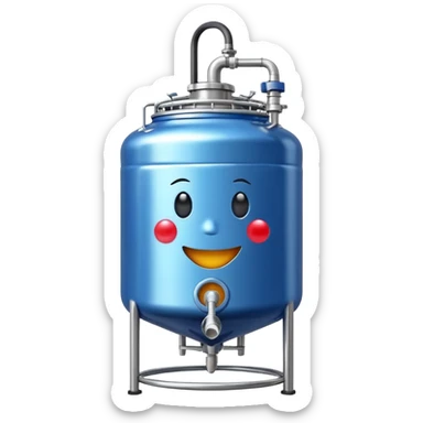 shiny stainless steel fermentor, 100 liters, with blue liquid, emoji style sticker