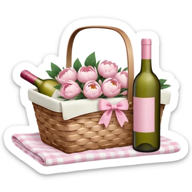 White Picnic basket with light pink bow and white peonies and a pink wine bottle inside sticker