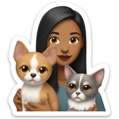 Latino woman with black staight hair and brown eyes is holding a grey sphinx cat and a ginger Pomeranian dog sticker