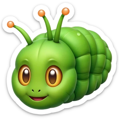Cinematic Realistic Cute Caterpillar Portrait Emoji, Head tilted playfully and inquisitively, featuring a compact, segmented body in bright, vibrant green with delicate, inviting textures and a charming, rounded face with sparkling eyes full of curiosity, rendered with lifelike detail and natural highlights, high shine, affectionate and spirited, styled with a touch of garden whimsy, soft glowing outline, capturing the essence of a mischievous yet lovable caterpillar that seems poised to crawl cheerfully into your arms! sticker