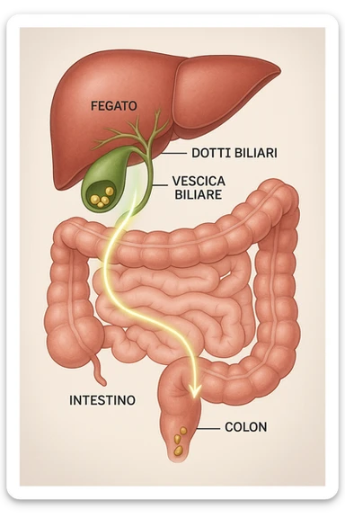 A realistic, educational medical illustration showing the human digestive tract focusing on the liver, gallbladder, bile ducts, and intestines. The gallbladder is depicted with small gallstones inside. A soft glowing arrow indicates the flow of bile and small stones moving naturally from the gallbladder through the bile ducts into the intestines. In the colon, small softened gallstones are shown being prepared for elimination, symbolizing their removal through bowel movements. The style is clean, precise, and clear with soft anatomical colors (greens, soft reds, and yellows) and faint glowing arrows to illustrate the process. The background is a subtle neutral gradient to keep the focus on the organs and the pathway. The image conveys the concept of natural gallstone elimination through the intestines via the stool in a clear, non-graphic, and educational way in italiano sticker