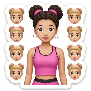 Faça um emoji personalizável estilo Apple menina  igual essa d foto com roupas clara , blusa esportiva rosa e por baixo uma blusa branca calça leg preta  cabelo coque  4c crespo  , faça um pack de emojis com ela fazendo situações clean girl igual os do pinterest  sticker