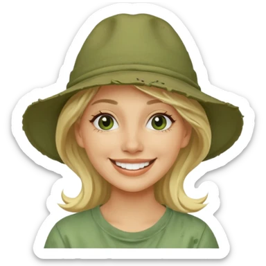 messy green clay mask and tourist hat blond woman  smiling and clay mask on face sticker