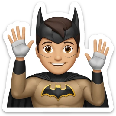 Make a man with brown eyes and dark hair in a Batman costume waving "hello" sticker