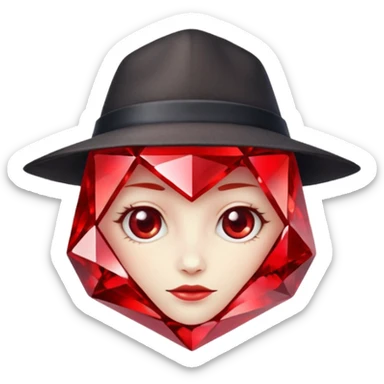 A single red crystal gemstone character wearing hat,  irregular with faceted very sharp sides,, , high detail, sticker