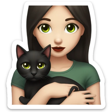 A teenage girl with white skin, she have some green hazel eyes, red lipstick, mid long straight dark brown hair, she have an eyeliner and she is holding a black cat in her arms, view from close sticker