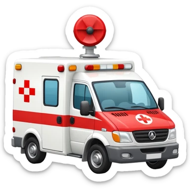 A modern white-and-red ambulance van with flashing rooftop siren.
 sticker