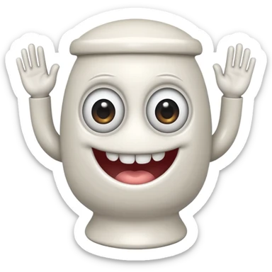cartoonish toilet creature with a grinning face, big eyes, and hands. sticker