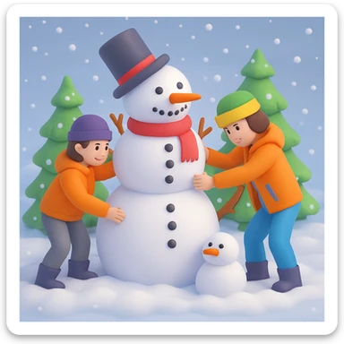 Add a snowy background behind the kids building a snowman, keep the original 3D emoji style sticker