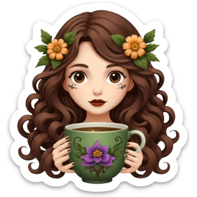 cute forest witch woman long wavy brown hair tattoos curled in flower cup sticker