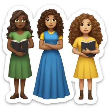 3 women, one is white with long brown curly hair and a dress holding books, one medium height with brown long wavy hair and green skirt and yellow top, one medium height with medium length brown wavy hair with a blue dress holding a kindle sticker