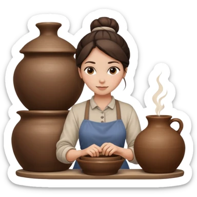 Brunette girl with a bun, behind the potter's wheel, wearing neutral clothing sticker