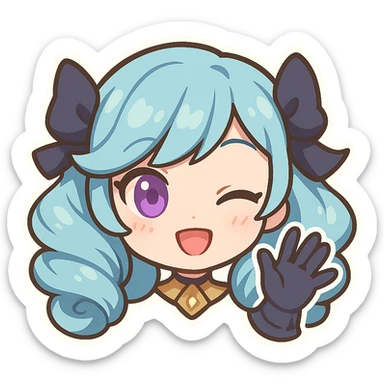 Gwen from League of Legends, chibi style, only head, right eye purple, one hand waving with glove, hi emote, playful and cute, no text sticker