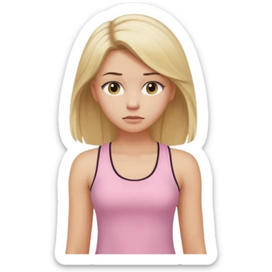 Create a young woman with long blonde hair, golden eyes, and medium-light skin tone, wearing a light pink tank top and leggings. She should be in portrait mode, but with a subtle doubting facial expression—slightly raised eyebrow, small frown, .  and her hand next to her chin like a thinker sticker