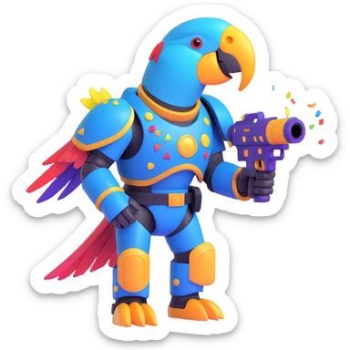 party parrot as a space marine, wearing futuristic armor, holding a confetti blaster, colorful and fun sticker