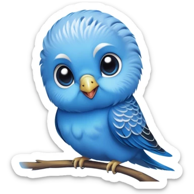 Cinematic Cute Blue Budgie Portrait Emoji, Head tilted playfully and inquisitively, featuring a brilliant blue feathered fur with a natural sheen, round, sparkling dark eyes filled with curiosity, Simplified yet irresistibly adorable features, highly detailed, glowing with a warm, friendly glow, high shine, affectionate and lively, stylized with a touch of whimsy, bright and endearing, soft glowing outline, capturing the essence of a mischievous yet loving budgie, so playful it feels like it could chirp out of the screen and into your arms! sticker