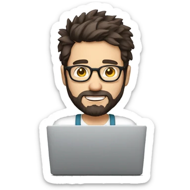man with light skin, short messy hair, dark brown hair, with round glasses, with a beard and a short nose. Happy computer technician with a laptop sticker