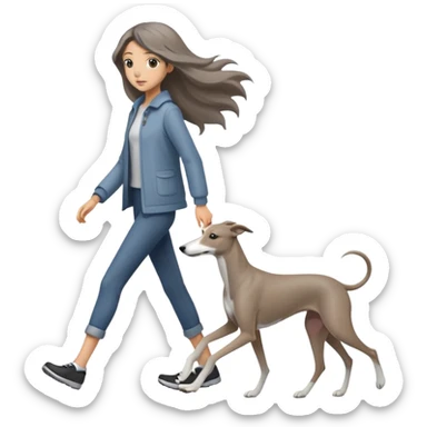 Japanese girl with flowing hair walking a solid grey greyhound with no white markings sticker