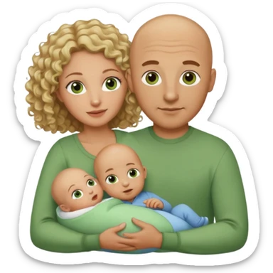 Un hombre calvo de ojos marrones con su mujer rubia de pelo rizado y ojos verdes sosteniendo un bebé niño de pelo rizado moreno y de ojos marrón verdoso sticker